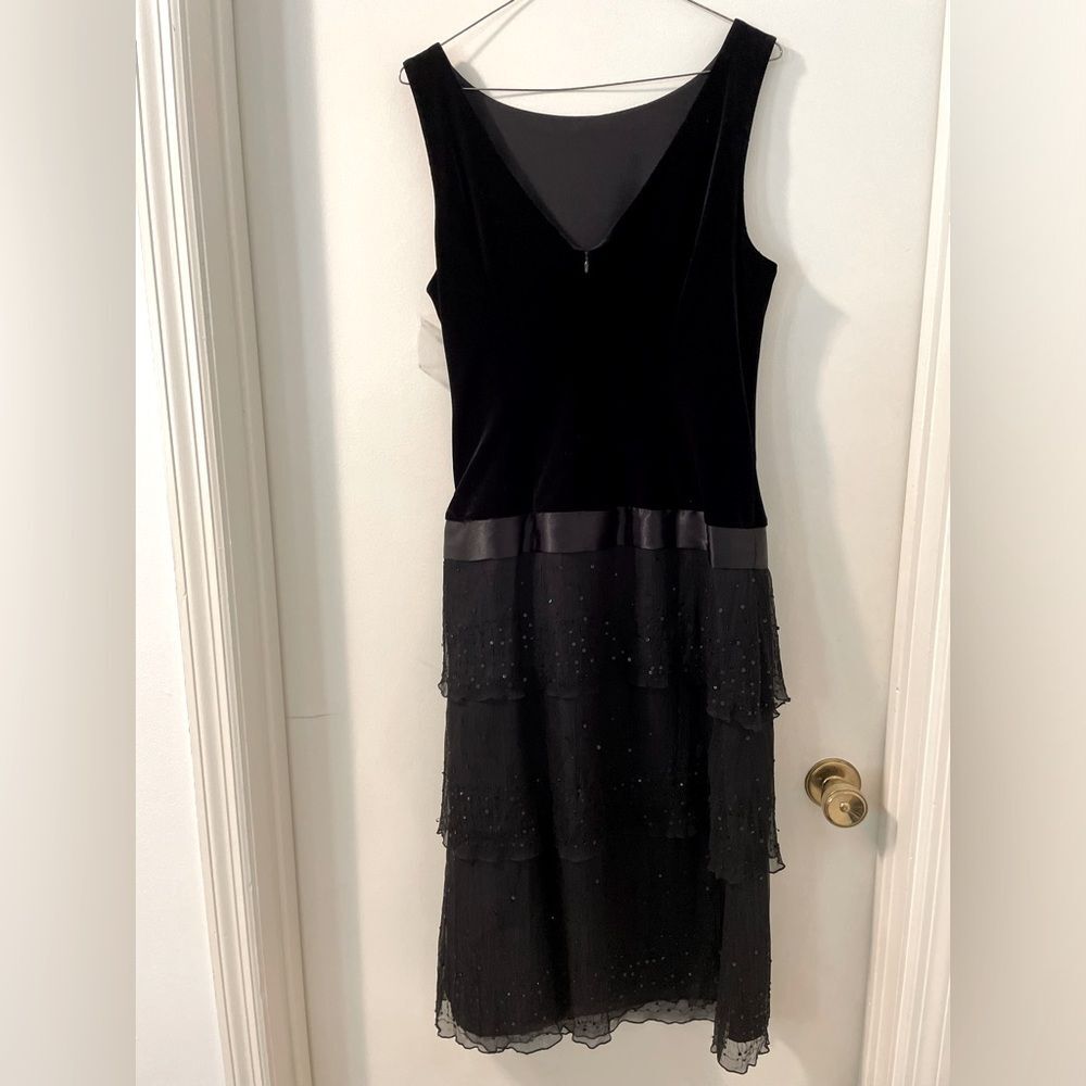 NWT Vintage Y2K Eliza J Black Sheath Velvet  3 tier Ruffle Silk Cocktail Dress - Picture 2 of 8